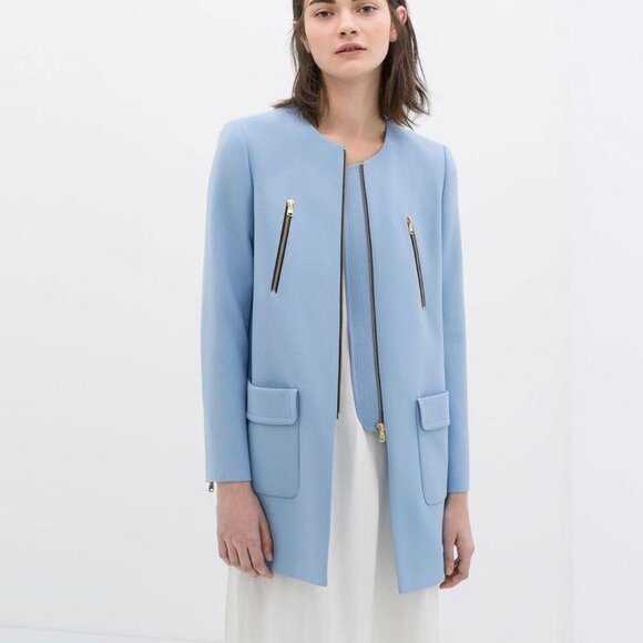 Zara Woman baby blue collarless overcoat - Picture 1 of 7